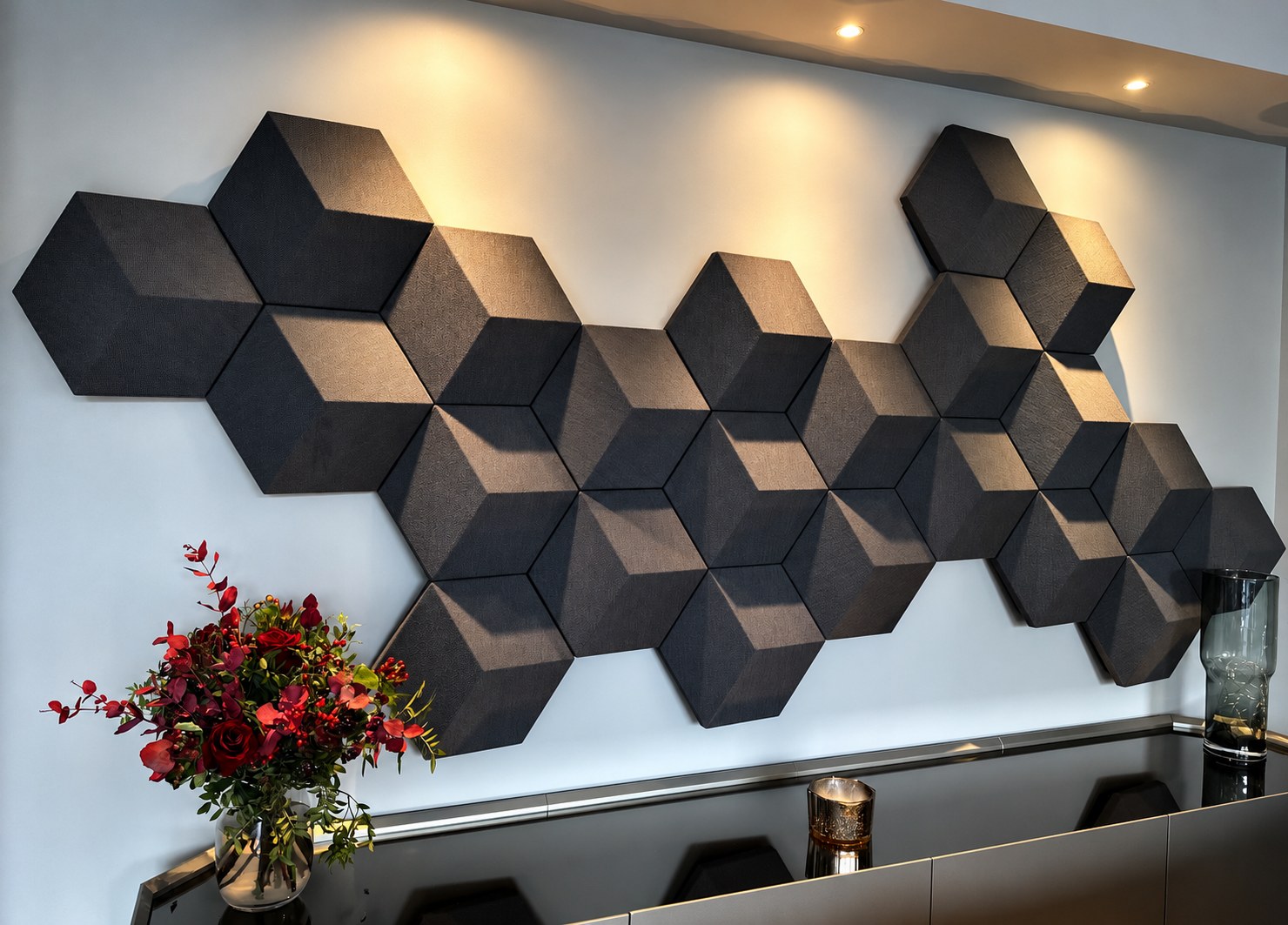 Decorative acoustic panels in a home entertainment space