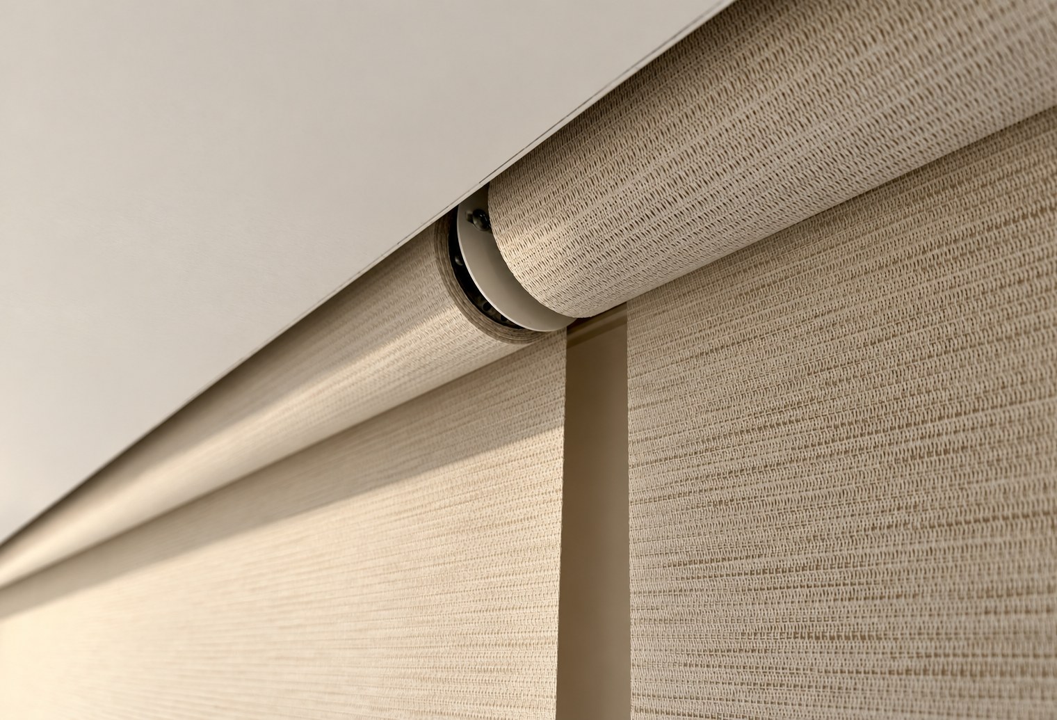 Close-up of roller blind fabric and fittings